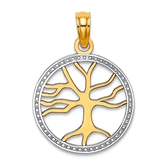 14k Two-tone Gold Small Tree Of Life In White Round Frame Cut-out Charm 18.9x14.9mm Wide Pendant Necklace for Women
