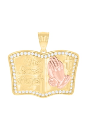14k Two-tone Gold Unisex Cubic-Zirconia The Secret Prayer Book Praying Hands Symbol Religious Charm Pendant