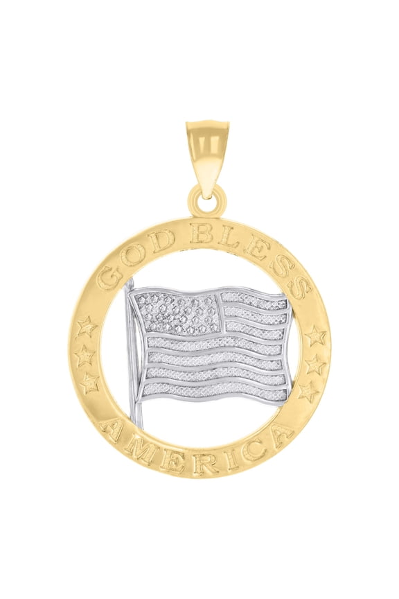 14k Two-tone Gold Unisex God Bless America USA FLAG Patriotism Badge Charm Pendant