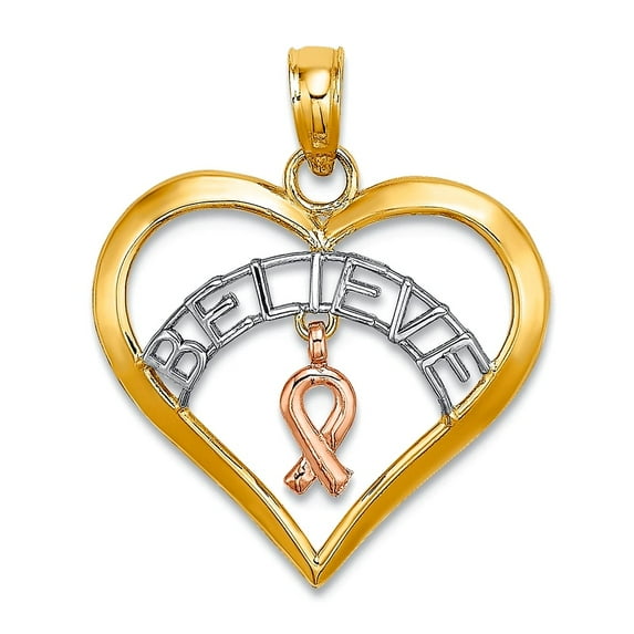 14k Two-tone Gold White Belive In Love Heart Pendant Necklace With Pink Dangling Ribbon Breast Cancer 20.85x18.35mm Wide
