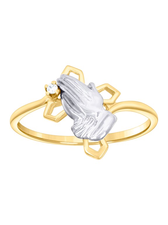 14k Two-tone Gold Womens Cubic Zirconia Cross Praying Hands Symbol Religious Ring 13.5x1.1mm Wide Ring for Women