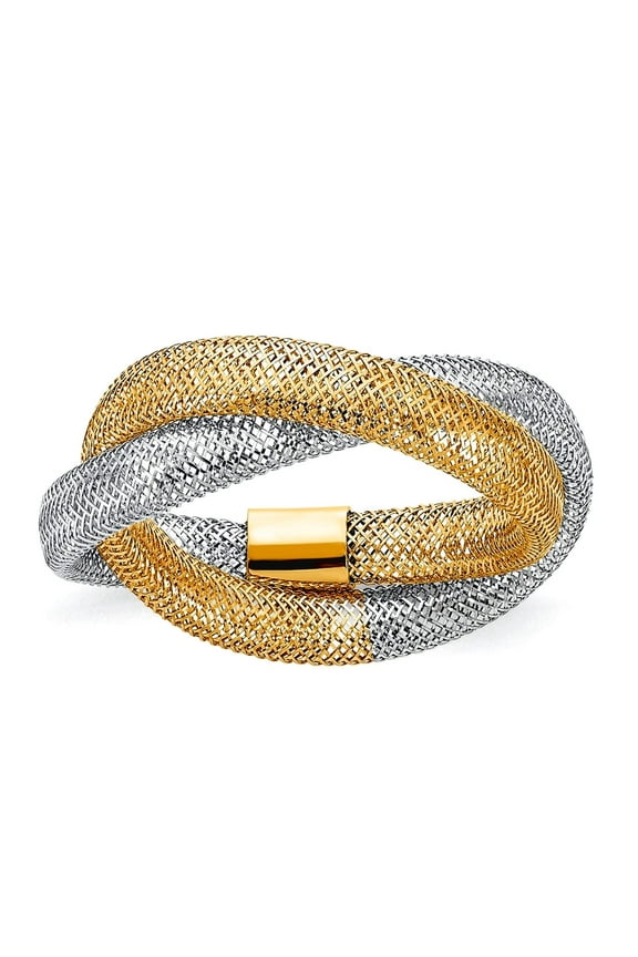 14k Two-tone Gold Woven Mesh Stretch Ring Size 7.00 8mm Wide Ring for Women - .7 Grams