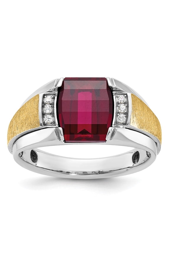 14k Two-tone IBGoodman Men's Satin Created Ruby and 1/20 carat Diamond Complete Ring