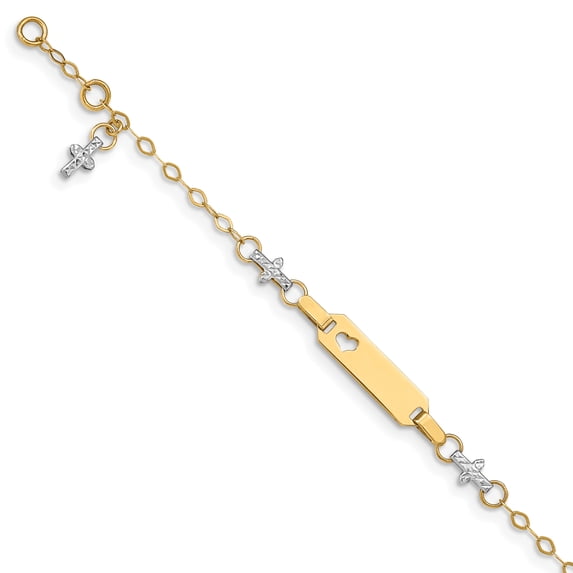 14k Two-tone Polished and Textured Cross Baby ID with .5in ext. Bracelet