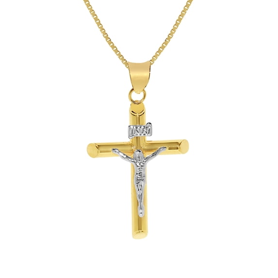 14k Two-tone Solid Gold Crucifix Religious Pendant with 0.8-mm Flat Wheat Chain