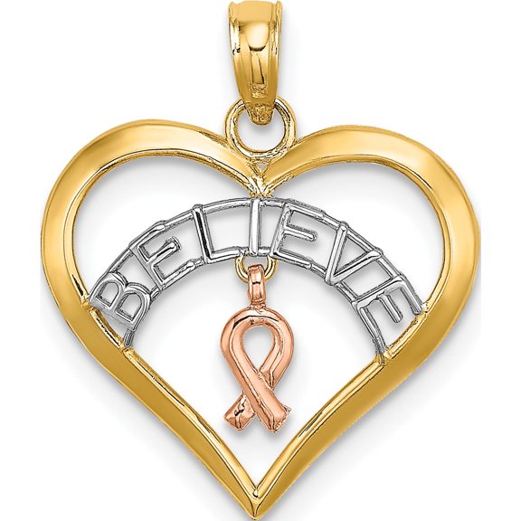 14k Two-tone White Rhodium BELIEVE in Heart w Breast Cancer Ribbon Material Primary Purity Gorgeous Handcrafted Breathtaking Designed for those who cherish timeless beauty