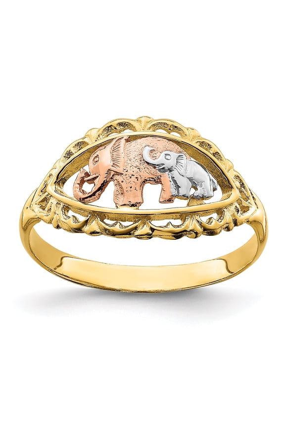 14k Two-tone with White Rhodium Two Elephants Ring R925