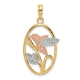 thumbnail image 1 of 14k Two Tone Gold White Rhodium Open Back Textured Polished Finish Hummingbird and Flowers In Oval Frame Charm Pendant, 1 of 2