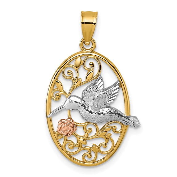 14k TI-Color Gold Hummingbird Flower Filigree Oval Pendant