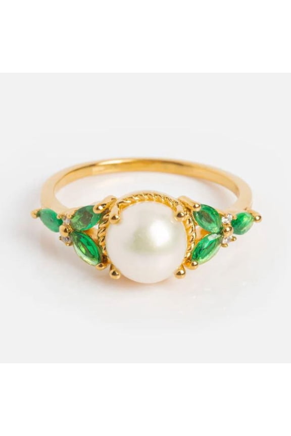 14k Vintage Inspired Pearl and Emerald Statement Ring 14K Gold Plated Dainty Pearl Ring, Minimalist Pearl Ring, Pearl Engagement Ring, Gift for Her