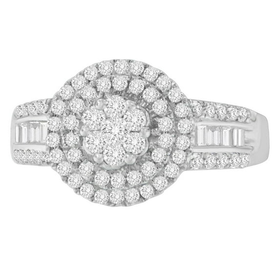 14k White Gold 0.6ct TDW Round and Baguette Cut Diamond Cluster Ring (H-I,I1-I2)