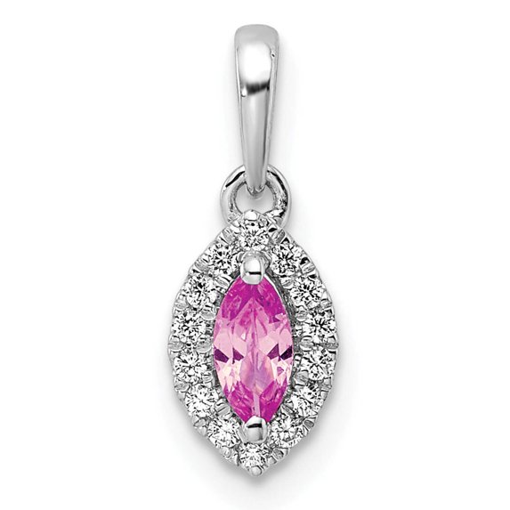 14k White Gold 1/10 carat Lab Grown Diamond VS/SI+ G+ and Lab Created Pink Sapphire October Birthstone Pendant