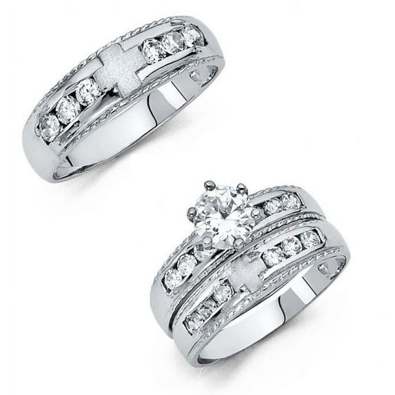 14k White Gold 1.50 ct CZ Cross Wedding Band Ring Trio Set Bride & Groom