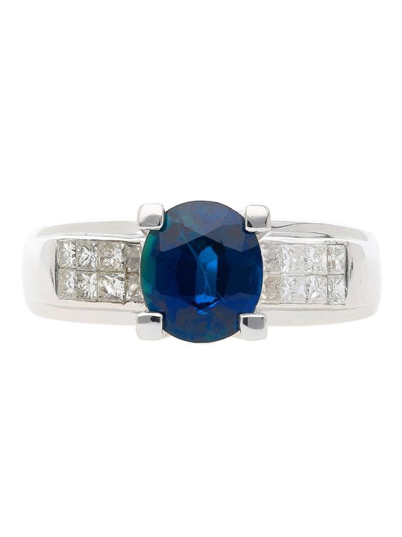 14k White Gold 1.56 Carat Oval Blue Sapphire and Invisible Cluster Diamond Ring