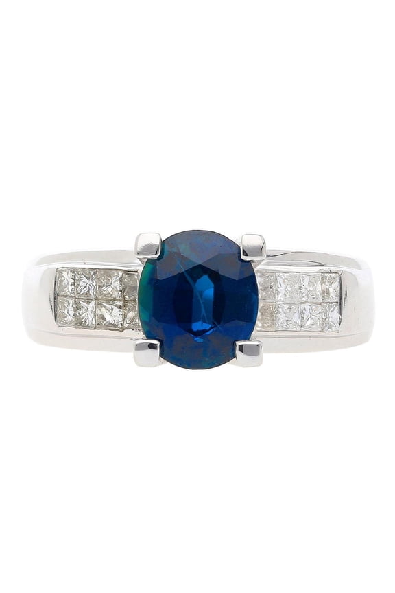 14k White Gold 1.56 Carat Oval Blue Sapphire and Invisible Cluster Diamond Ring