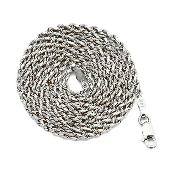 14k White Gold 1.5mm Solid Diamond Cut Rope Chain Necklace with Lobster Lock (24")