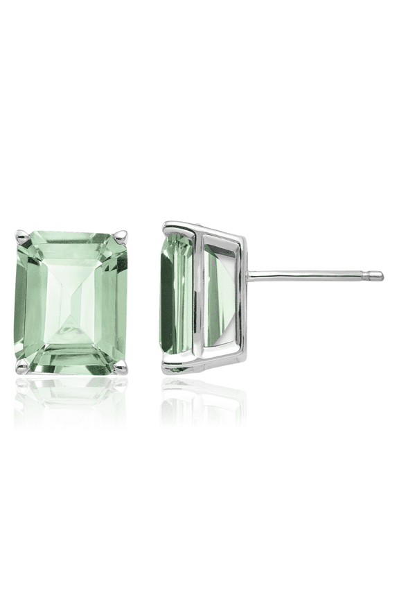 14K Solid White Gold Emerald-Cut Green Quartz Studs Gemstone Solitaire Earrings August Birthstone Jewelry