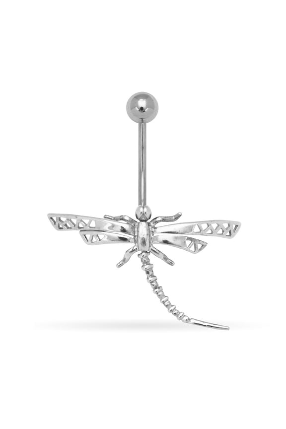 14k White Gold 14 Gauge Dragon Fly Body Jewelry Belly Ring - Measures 32x25mm