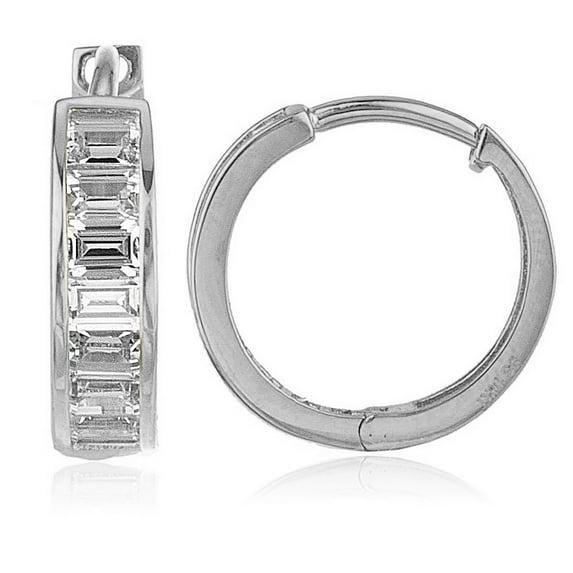 14k White Gold 15-mm Baguette-cut Cubic Zirconia Hinged Hoop Earrings