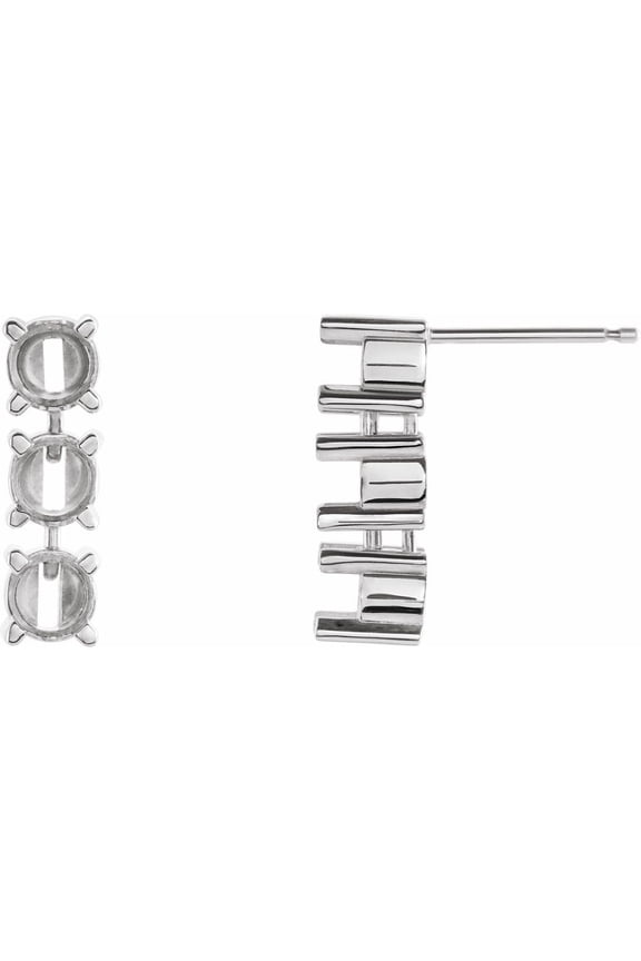 14k White Gold 2.7mm Round Shape 3 Three-Stone Articulated Drop Dangle Earring Mounting Jewelry For Women Gifts For Her (Only One Piece Sold, Not the Pair, Mounting Only, Not All Stones Included)