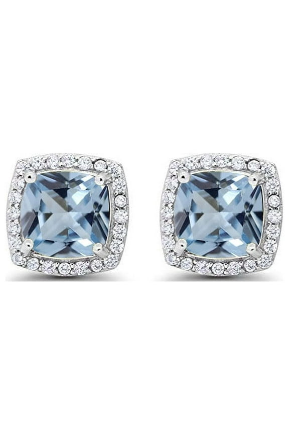 Princess Cut Created Blue Aquamarine Halo Stud Earrings, 2 Ct 14K White Gold Plated