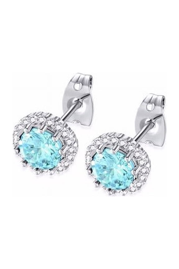 14k White Gold 2 Ct Created Halo Round Aquamarine Stud Earrings Plated