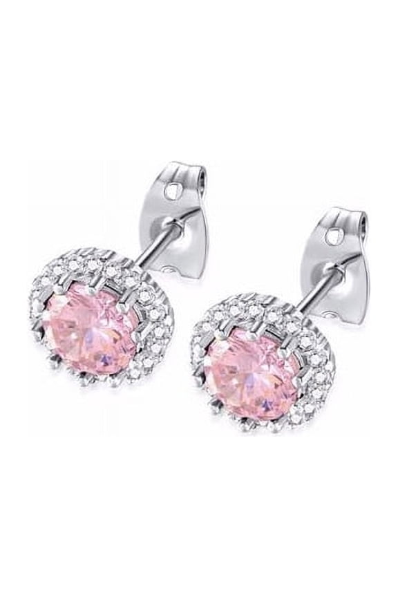 14k White Gold 2 Ct Created Halo Round Pink Sapphire Stud Earrings Plated