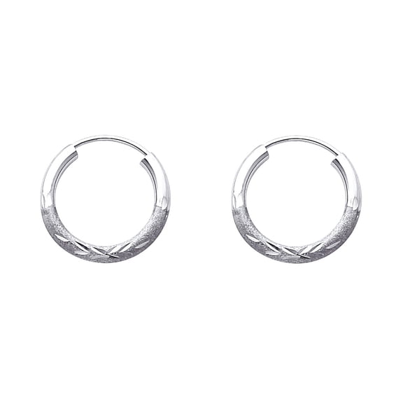 14k White Gold 2mm Budded Sparkle-Cut Endless Hoop 15mm Earrings Hoop Earring for Women - .6 Grams
