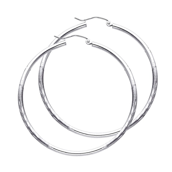 14k White Gold 2mm Budded Sparkle-Cut Round Tube Hoop 45mm Earrings Hoop Earring for Women