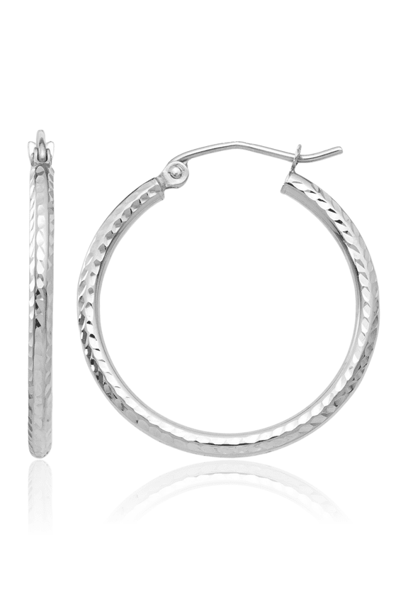 14K Solid White Gold Medium Round Hoop Earrings - 25mm 1 inch - Snap Back, Diamond Cut Women's