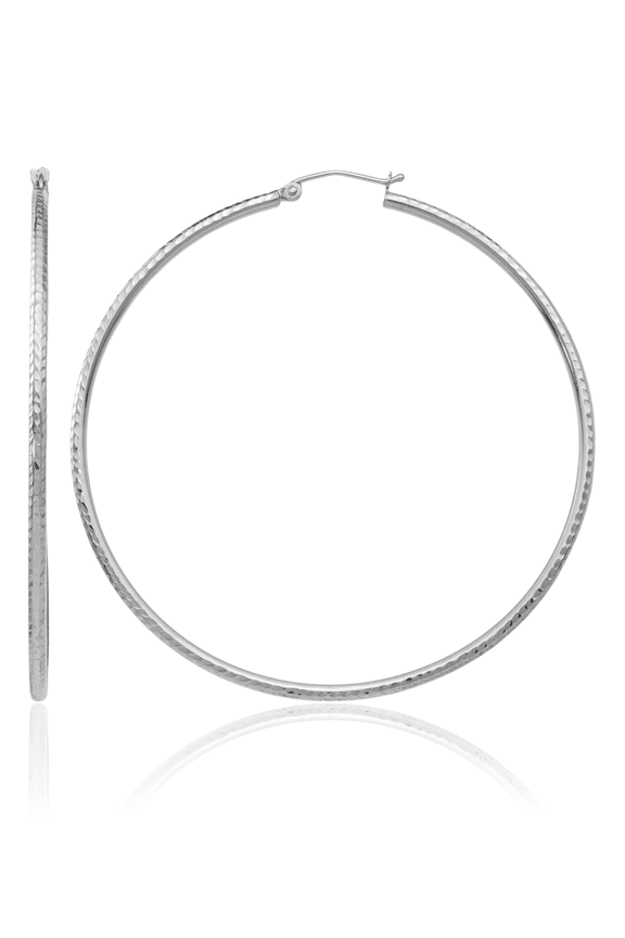 14K Solid White Gold 2mm Round Tube Large Hoop Earrings