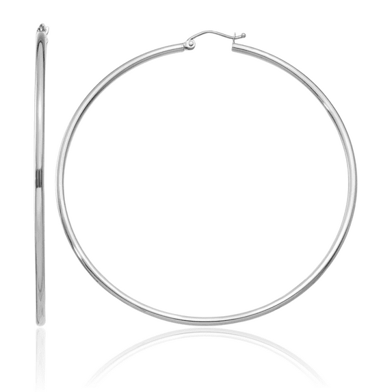 14K Solid White Gold Tube Round Large Hoop Earrings