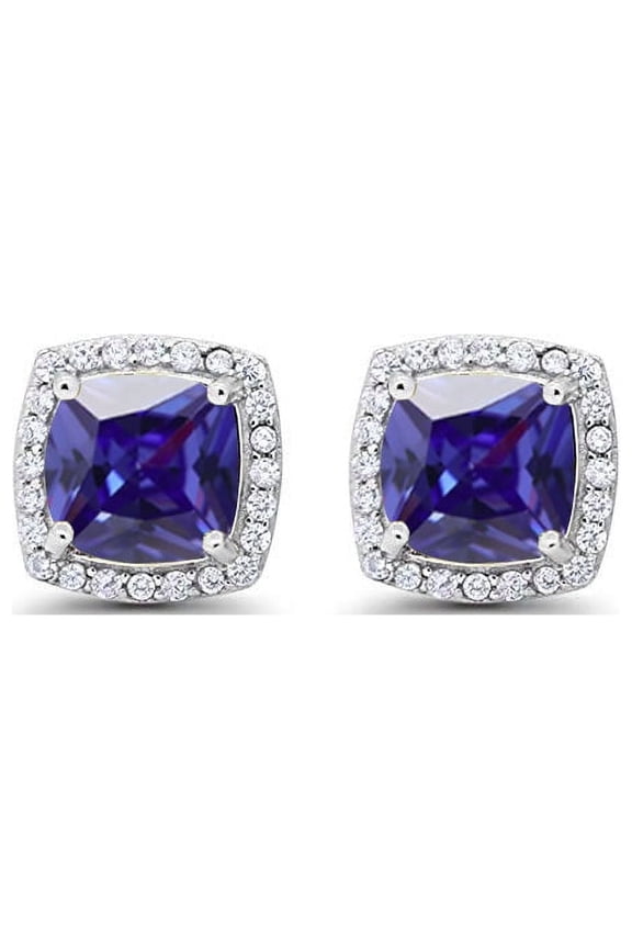 14k White Gold 3 Ct Created Halo Princess Cut Blue Sapphire Stud Earrings Plated by Paris Jewelry