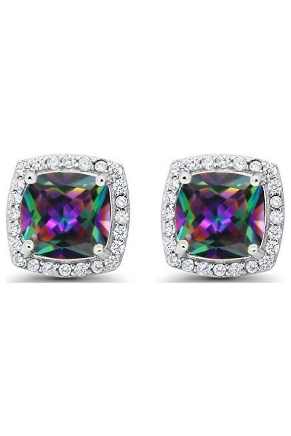 14k White Gold 3 Ct Created Halo Princess Cut Plated Mystic Topaz Stud Earrings by Paris Jewelry