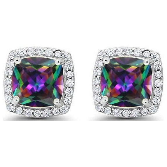 14k White Gold 3 Ct Created Halo Princess Cut Plated Mystic Topaz Stud Earrings by Paris Jewelry