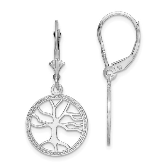 14k White Gold 3D Tree of Life In Round Frame Leverback Earrings