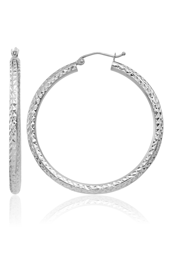 14K Solid White Gold 3mm Round Large Hoop Earrings