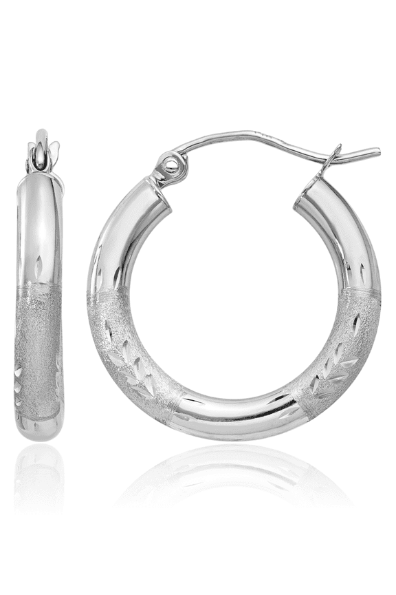 14K Solid White Gold 3mm Round Medium Hoop Earrings