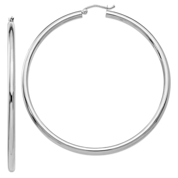 14k White Gold Polished 3mm Round Hoop Earrings 65mm long 3mm Thick Hoop Earring for Women