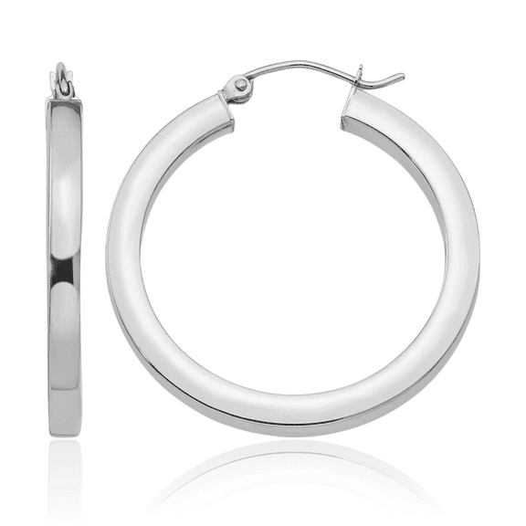 14K Solid White Gold 3mm Square Tube Round Medium Hoop Earrings