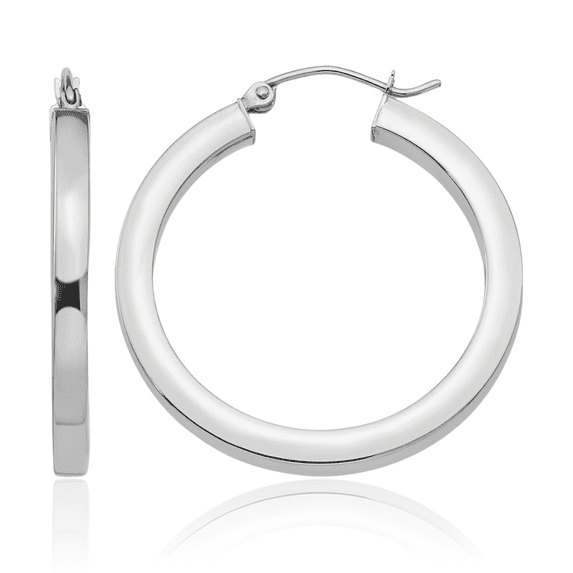 14K Solid White Gold 3mm Square Tube Round Medium Hoop Earrings