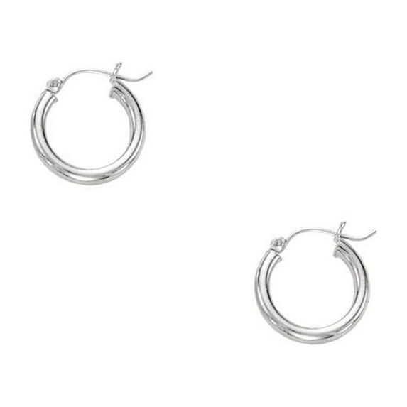 14k White Gold 3x15mm Shiny Round Tube Hoop Earrings With Hinged Clasp - 1.2 Grams