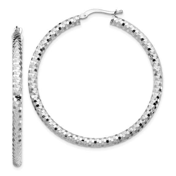 14k White Gold 3x44mm Diamond-cut Tube Hoop Earrings TF1705W