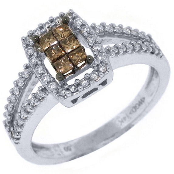 14k White Gold .50 Carats Princess Champagne & Brilliant Round Diamond Ring