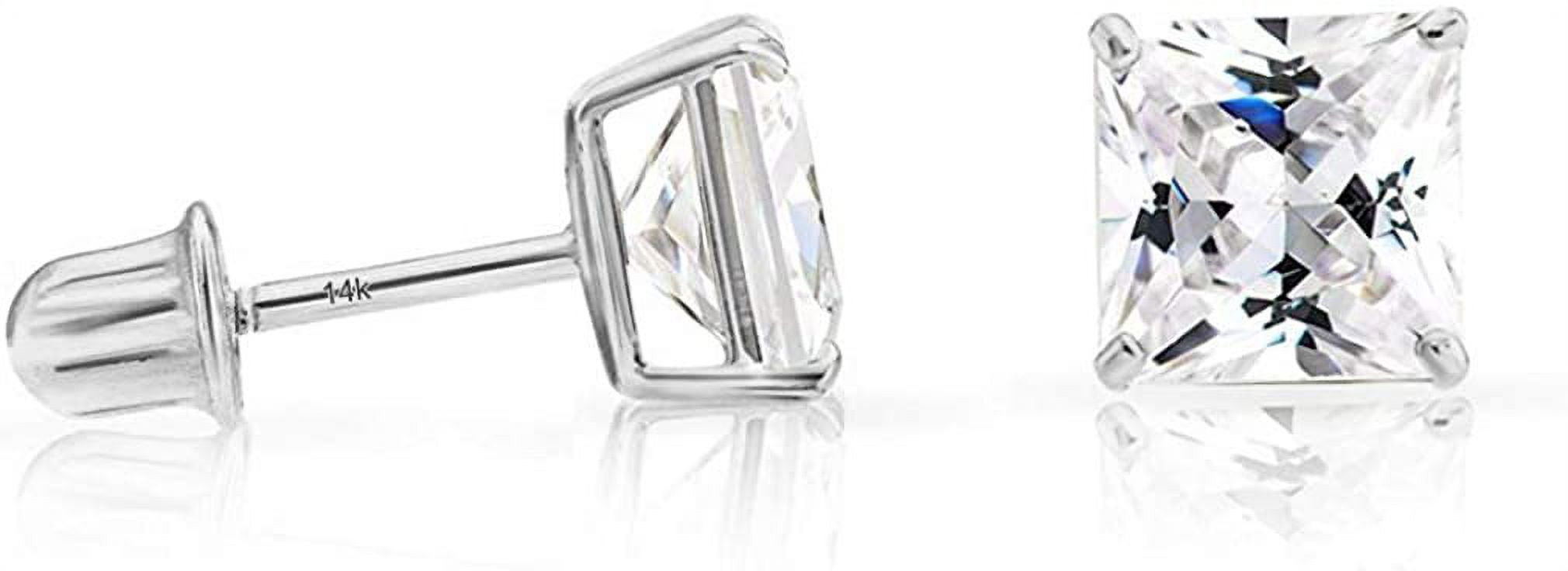 14k White Gold 5mm Cubic Zirconia Princess-cut Square Stud Earrings with Screw Backs