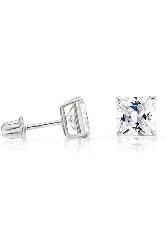 14k White Gold 5mm Cubic Zirconia Princess-cut Square Stud Earrings with Screw Backs