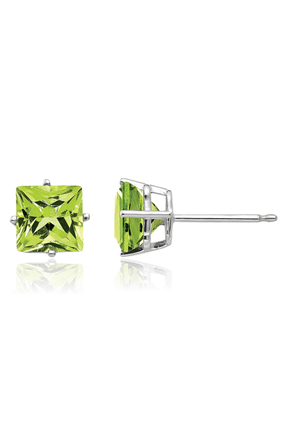 14K Solid White Gold 6mm Square Step Cut Green Peridot Studs Gemstone Solitaire Earrings August Birthstone Jewelry