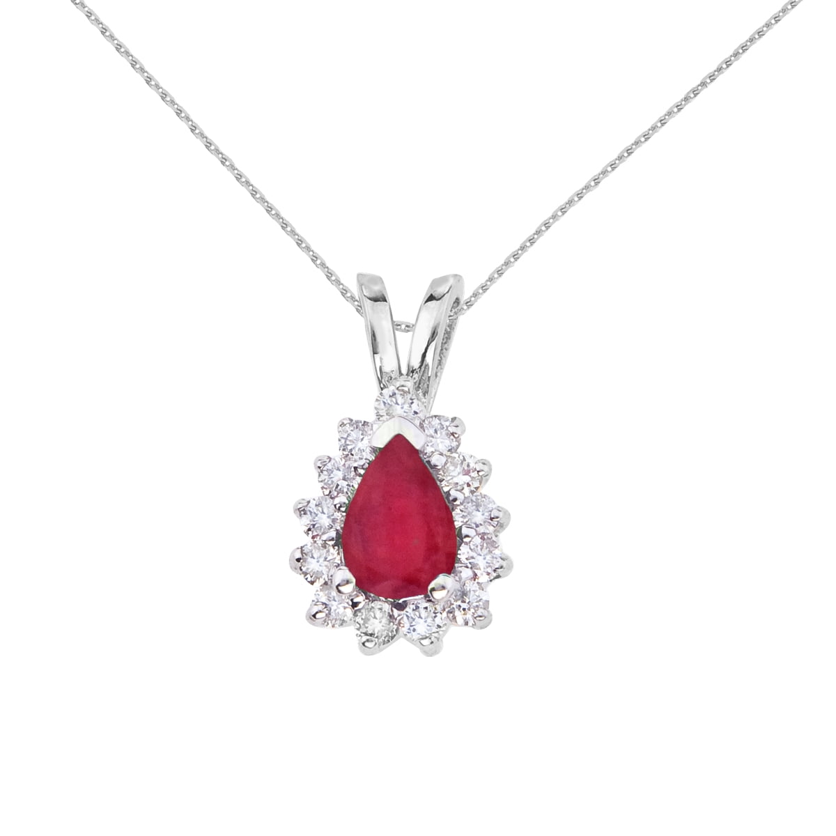 Peora Created Ruby & Diamond Pendant - 14K White Gold, Pear Shape 10x7mm, 2.50 Ct, With Sterling Silver Chain, Gift For Women