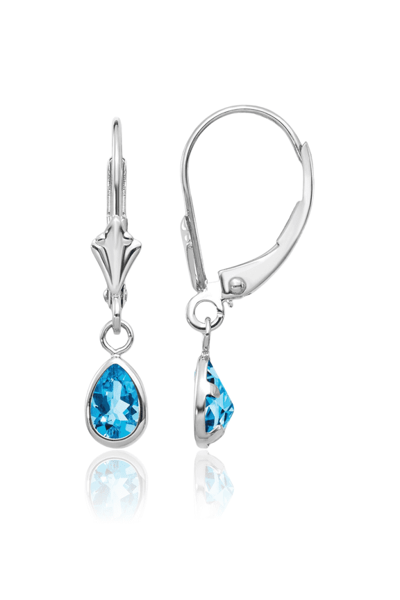 14K Solid White Gold Swiss Blue Topaz Drop Dangle Earrings Pear Teardrop Gemstone December Birthstone Jewelry