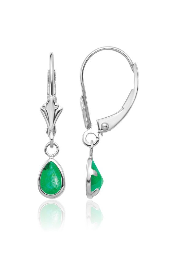 14K Solid White Gold Green Emerald Drop Dangle Earrings Pear Teardrop Gemstone May Birthstone Jewelry